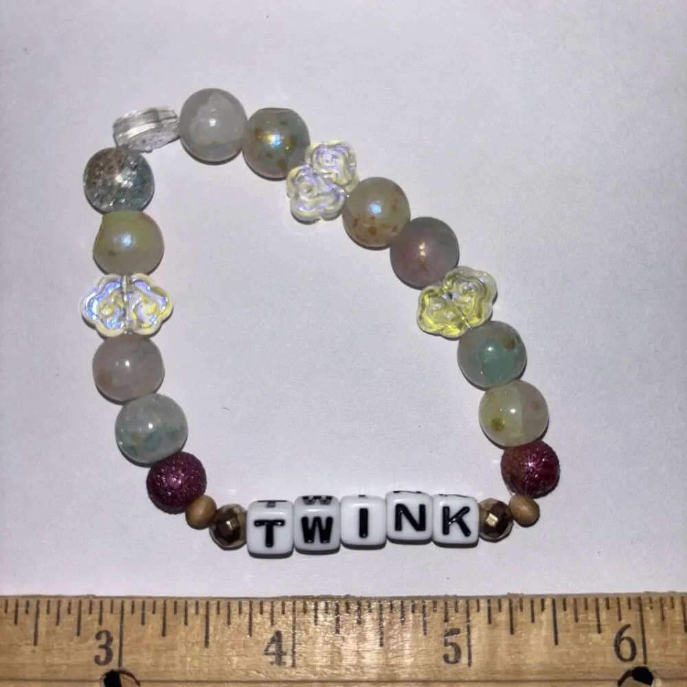 Mens Handcrafted Beaded Stretch Bracelet Green TWINK Letter Beads adult humor